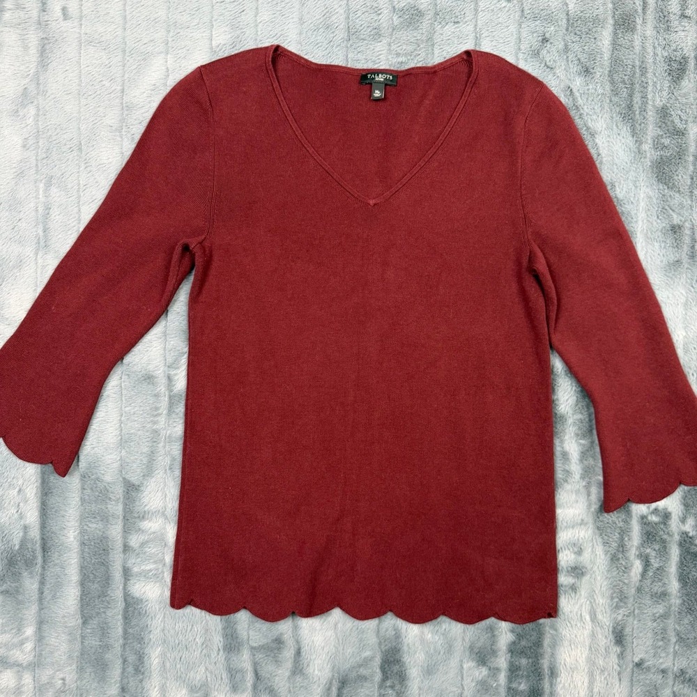 Talbots Petites Burgundy Scalloped Hem V-Neck Bell Sleeve Sweater MP Red